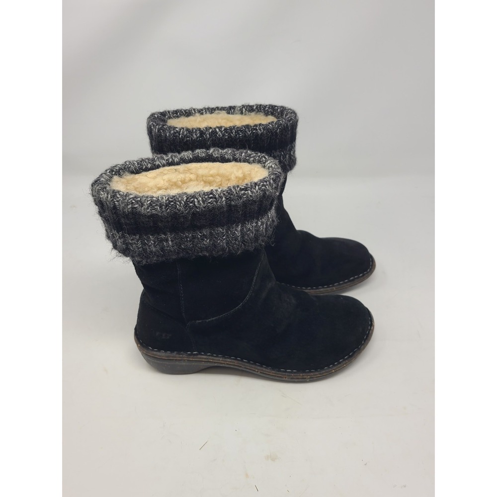 UGG Kaylana Black Suede Knit Sweater Cuff Shearling Mid Boots Women Size 7